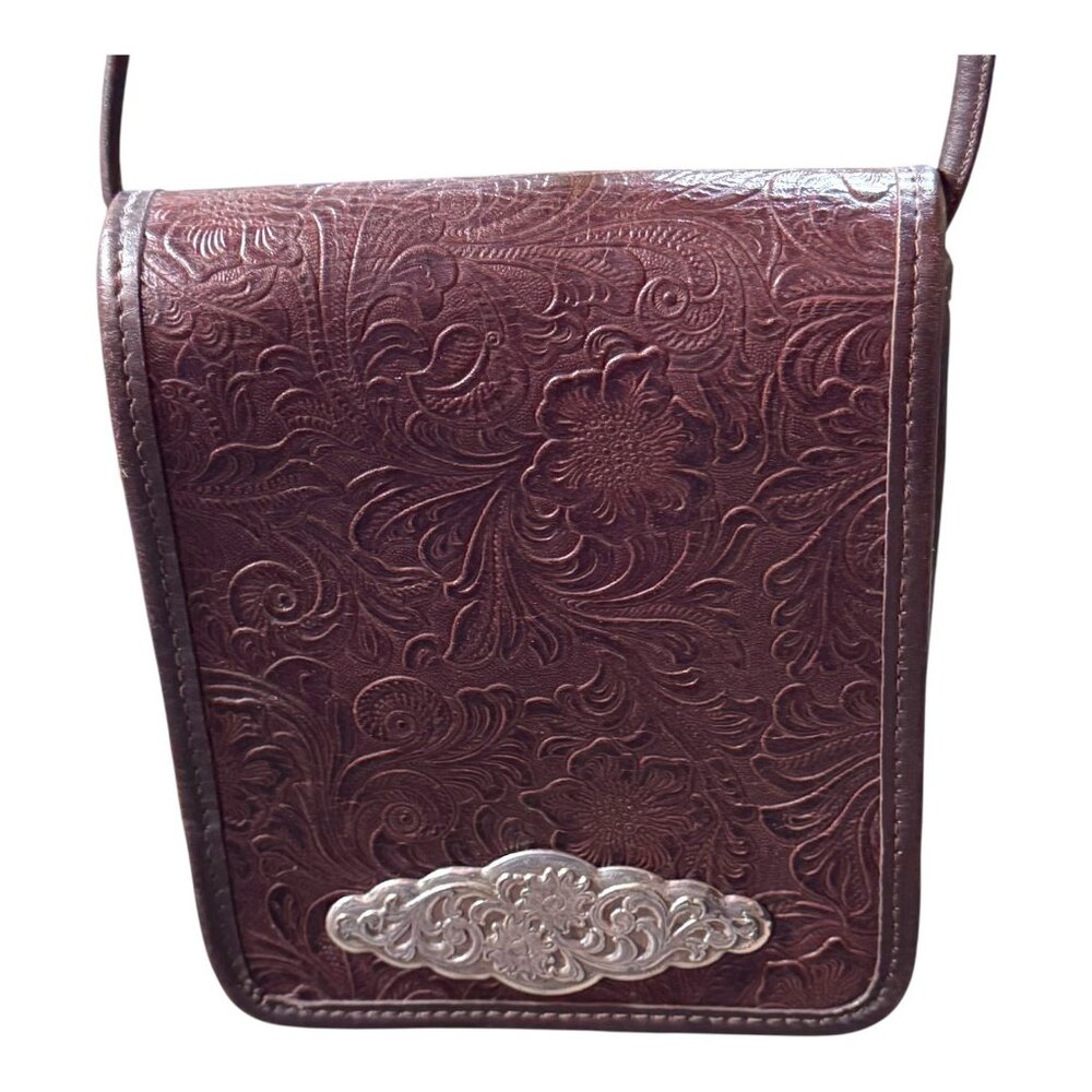 Western Style Tooled Leather Crossbody Bag With Silver Accents Purse Pocketbook